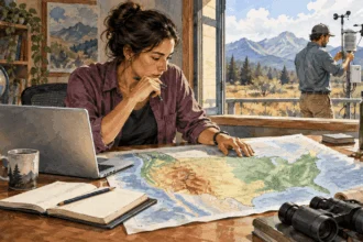 Painted illustration of researchers comparing climate observations with a map and weather instrument.