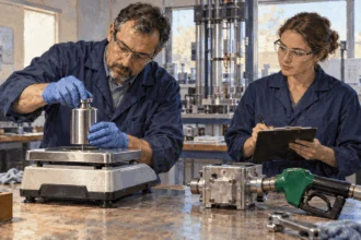 Technicians calibrate a scale in a measurement laboratory.