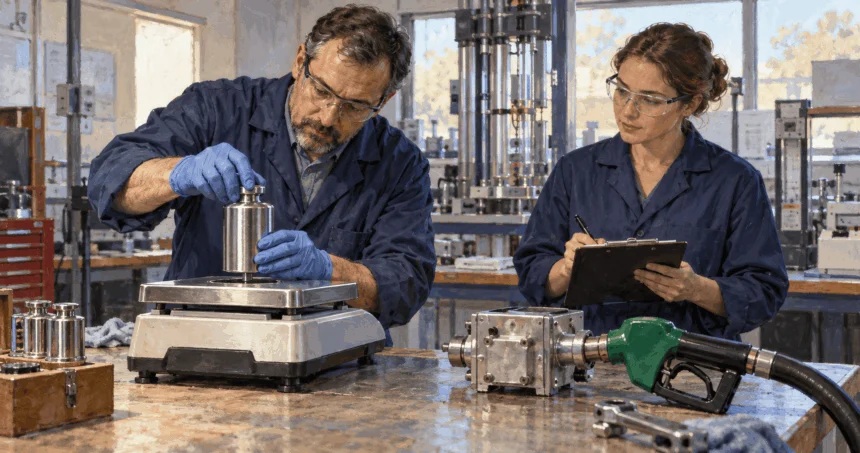 Technicians calibrate a scale in a measurement laboratory.