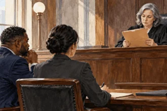 Conceptual painting of judicial review in a citizenship case.