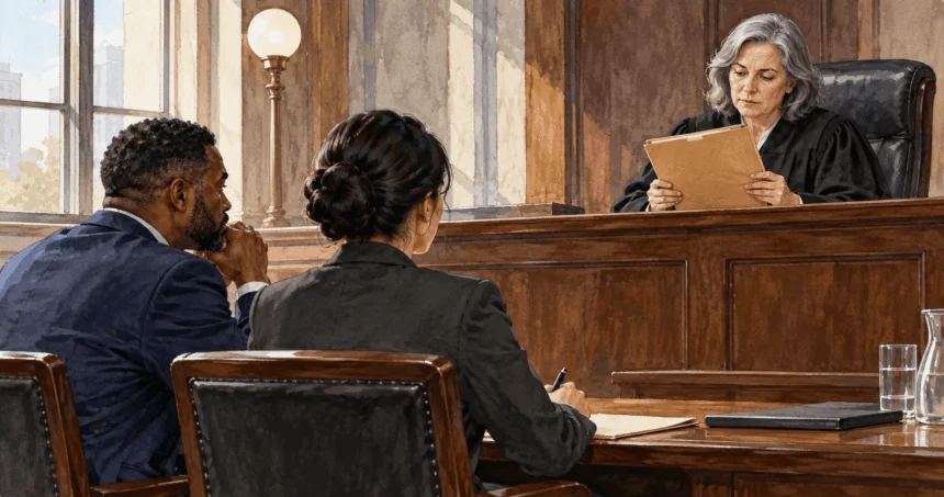Conceptual painting of judicial review in a citizenship case.