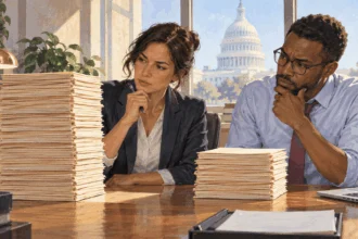 Conceptual watercolor of analysts comparing spending and revenue folders.