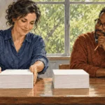 Painted illustration of analysts comparing revenue and spending records at a desk.