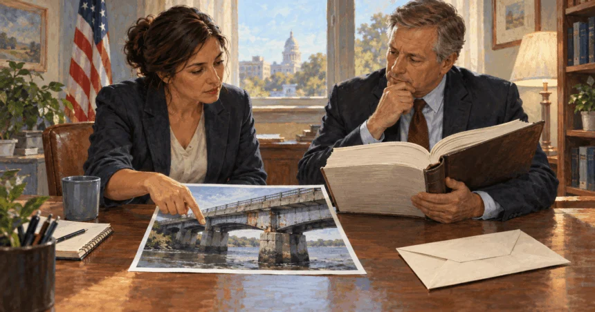 Conceptual painting of budget officials comparing a bridge maintenance photo with a debt ledger.