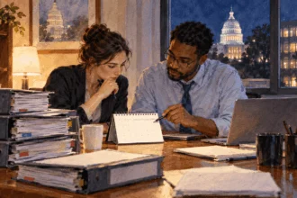 Congressional budget staff consider a short interim calendar beside unfinished funding binders.