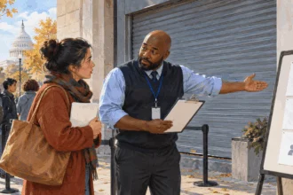 A federal worker explains a closed entrance to a visitor.
