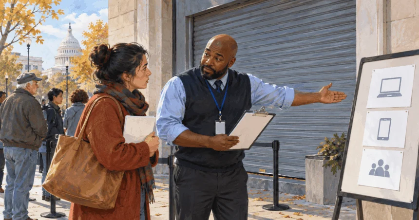 A federal worker explains a closed entrance to a visitor.