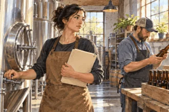 Conceptual watercolor of brewery workers discussing a closed approval folder beside a tank.