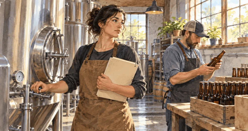 Conceptual watercolor of brewery workers discussing a closed approval folder beside a tank.