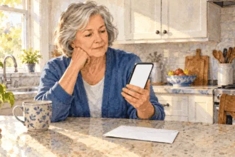 Conceptual watercolor painting of an older adult checking a blank phone beside an unmarked envelope.
