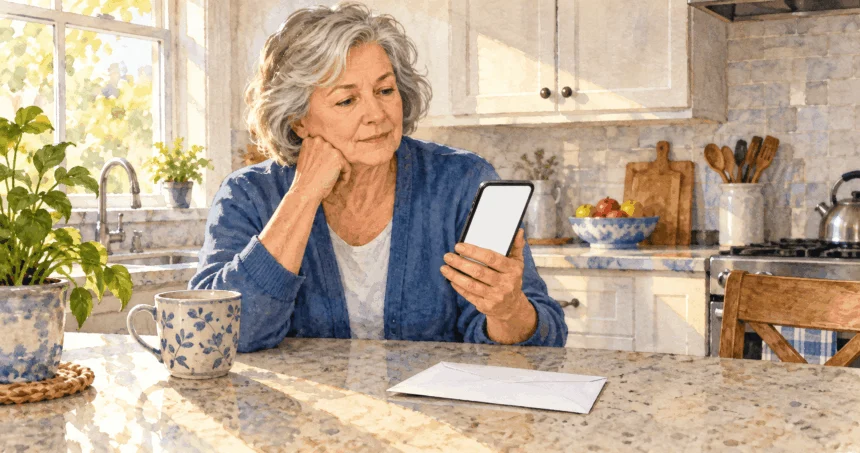 Conceptual watercolor painting of an older adult checking a blank phone beside an unmarked envelope.