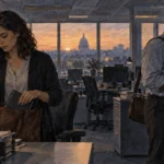 Conceptual painting of federal workers outside a closed office during a funding lapse.