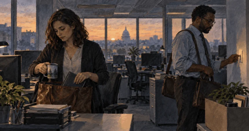 Conceptual painting of federal workers outside a closed office during a funding lapse.