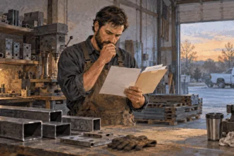 Painted illustration of a contract worker reviewing bills beside paused workshop materials.