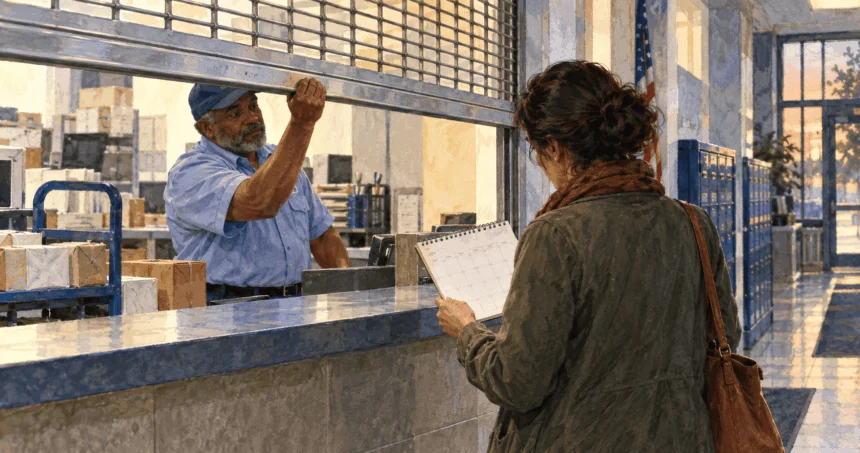 Conceptual painting of a postal worker closing a public service window.