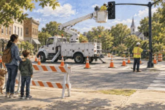 Painted illustration of public workers maintaining a crossing used by neighbors.