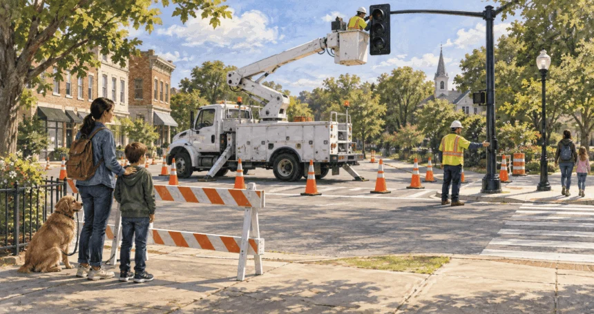 Painted illustration of public workers maintaining a crossing used by neighbors.