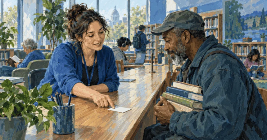 Conceptual painting of a public librarian helping a visitor in a municipal library.
