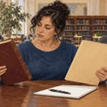 Painted researcher comparing law books and a paper folder in a public law library.