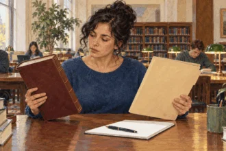 Painted researcher comparing law books and a paper folder in a public law library.