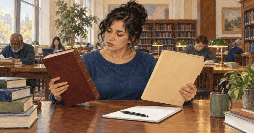 Painted researcher comparing law books and a paper folder in a public law library.