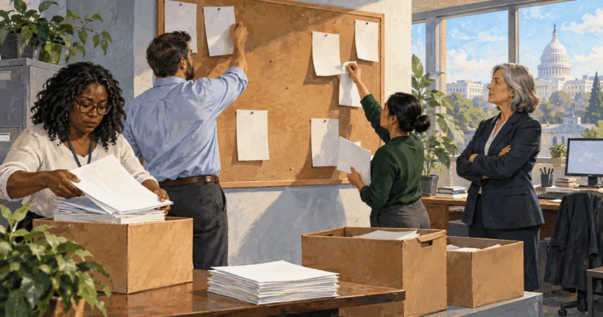 Painted federal employees removing blank notices from an office bulletin board as a manager watches.