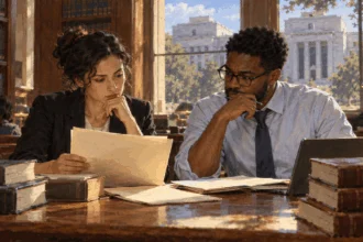 Conceptual painting of legal researchers reviewing appointment papers.