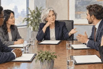 Conceptual painting of a central-bank chair leading a policy discussion.