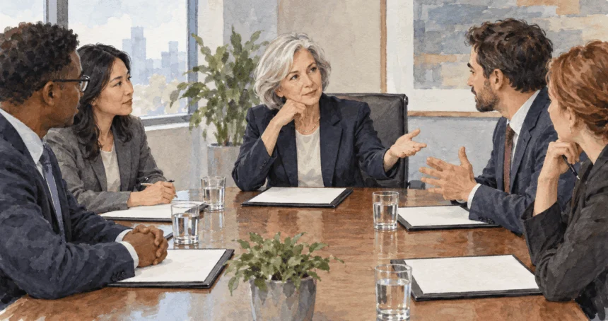 Conceptual painting of a central-bank chair leading a policy discussion.