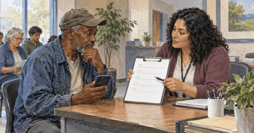 Painted illustration of resident holds ordinary phone while counselor points to blank eligibility checklist at assistance desk.
