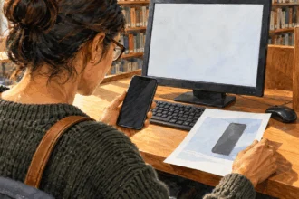 Painted illustration of a person checking a phone offer at a public computer.