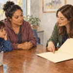 Conceptual painting of a parent asking a local housing worker about assistance.