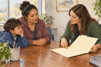 Conceptual painting of a parent asking a local housing worker about assistance.