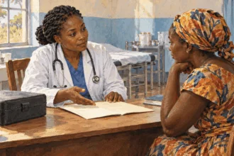 Conceptual painting of a local clinician and adult patient speaking at a community clinic desk.