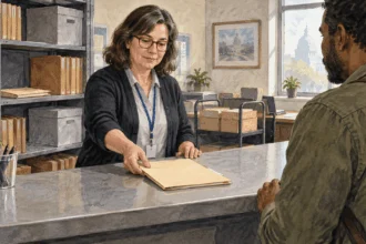 Conceptual painting of a records officer helping a requester at a public counter.