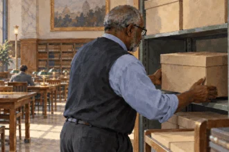 Conceptual painting of a courthouse records clerk shelving an unmarked archival box beside a public reading room.