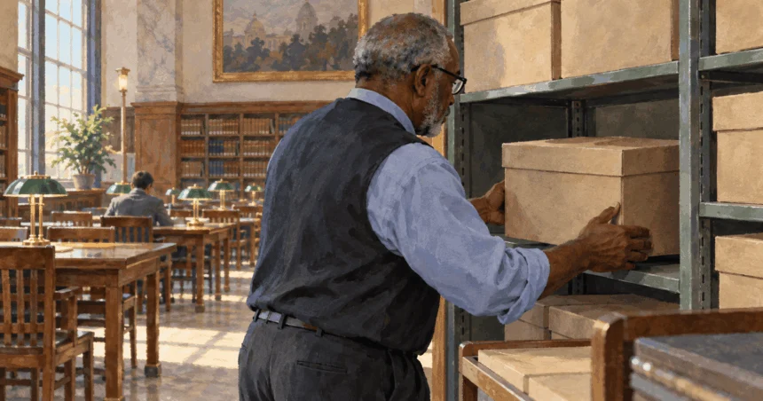 Conceptual painting of a courthouse records clerk shelving an unmarked archival box beside a public reading room.