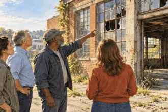 Conceptual watercolor of community planners considering reuse of a vacant workshop.