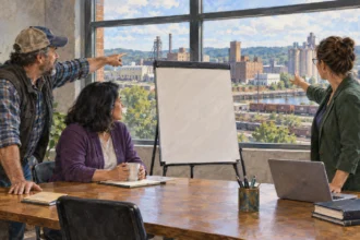 Regional partners discuss a blank economic-development planning board.