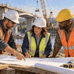 Conceptual painting of civil engineer and private contractor inspect bridge plans with a municipal project manager at a construction site.