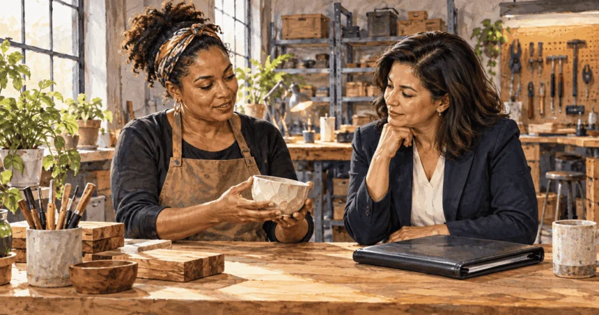 Conceptual watercolor of a business owner showing a product sample to an adviser.