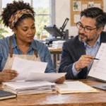 Small business owner and adviser review blank certification paperwork.