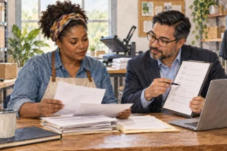 Small business owner and adviser review blank certification paperwork.