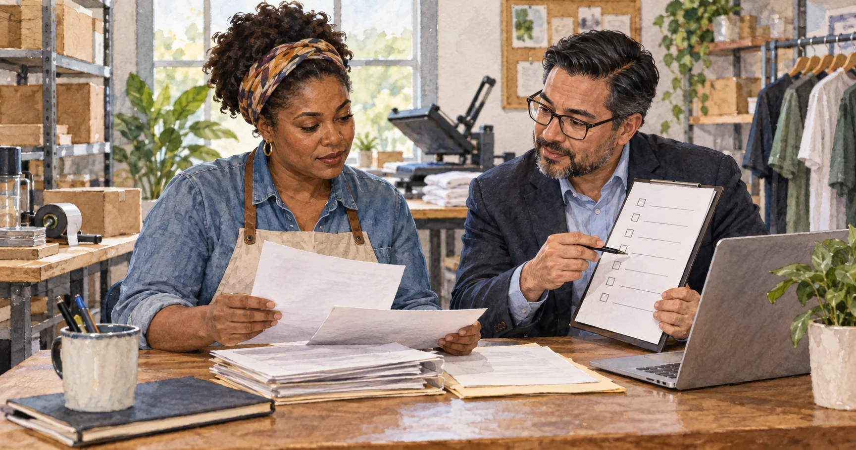 Small business owner and adviser review blank certification paperwork.