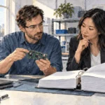 Conceptual painting of colleagues checking whether technology is controlled for export.