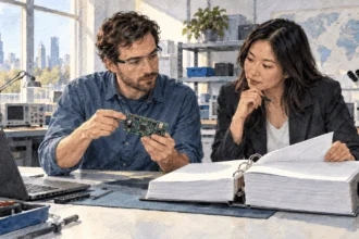 Conceptual painting of colleagues checking whether technology is controlled for export.
