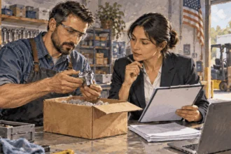 Conceptual painting of a manufacturer and trade specialist inspecting a component before export.