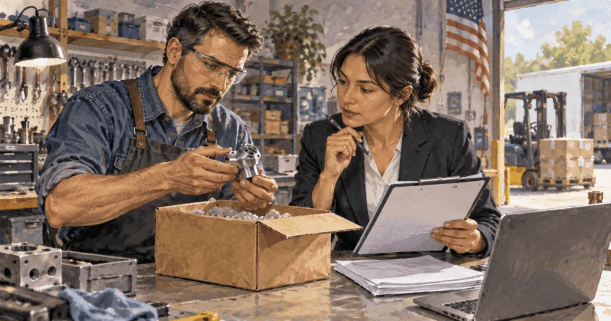 Conceptual painting of a manufacturer and trade specialist inspecting a component before export.
