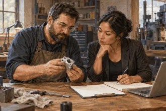 Conceptual painting of a manufacturer and specialist examining a component.
