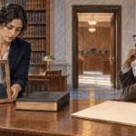 Conceptual painting of legal researchers comparing a generic presidential portrait with law books beside an empty courtroom.